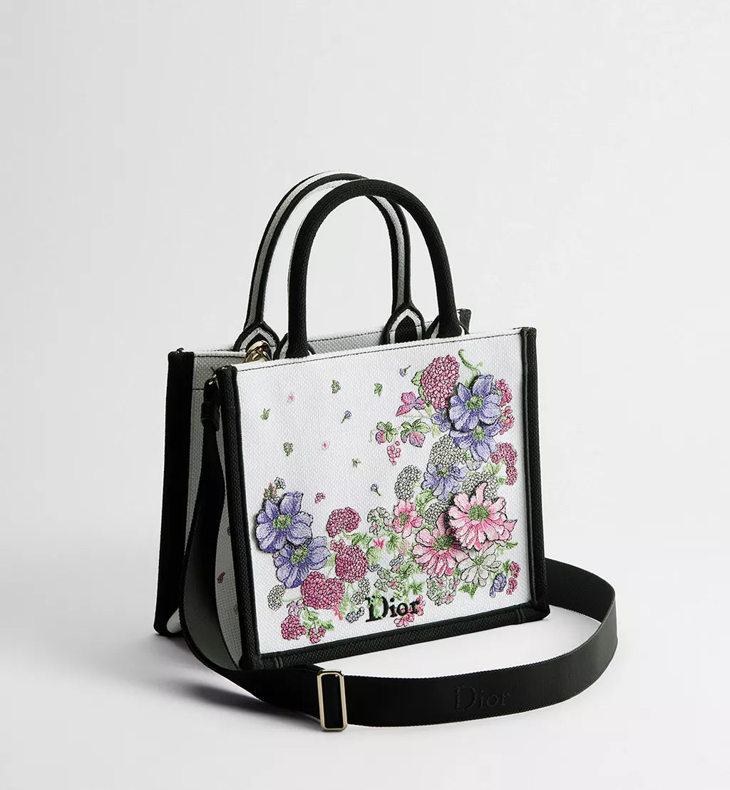 Small Dior Book Tote with Strap Multicolor Dior Hortensia Garden Embroidery