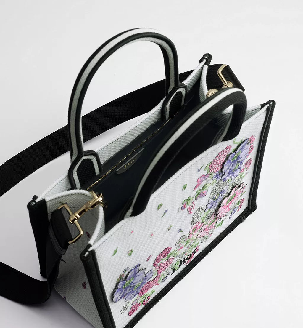 Small Dior Book Tote with Strap Multicolor Dior Hortensia Garden Embroidery