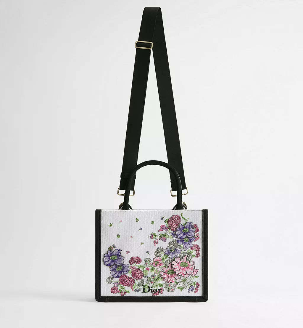 Small Dior Book Tote with Strap Multicolor Dior Hortensia Garden Embroidery