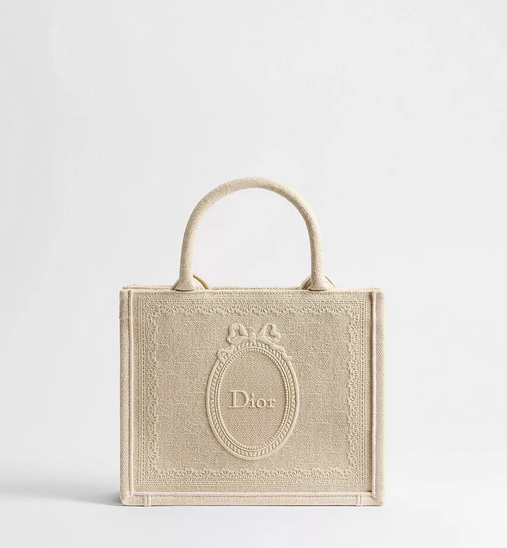 Small Dior Book Tote with Strap Beige Dior Oblique Washed Embroidery and Dior Médaillon
