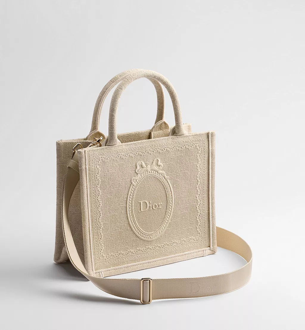 Small Dior Book Tote with Strap Beige Dior Oblique Washed Embroidery and Dior Médaillon