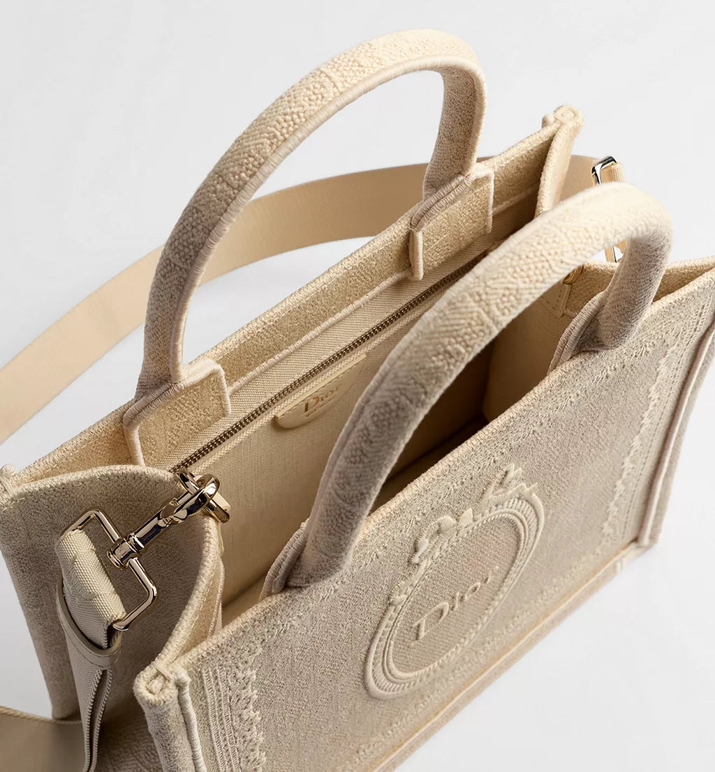 Small Dior Book Tote with Strap Beige Dior Oblique Washed Embroidery and Dior Médaillon