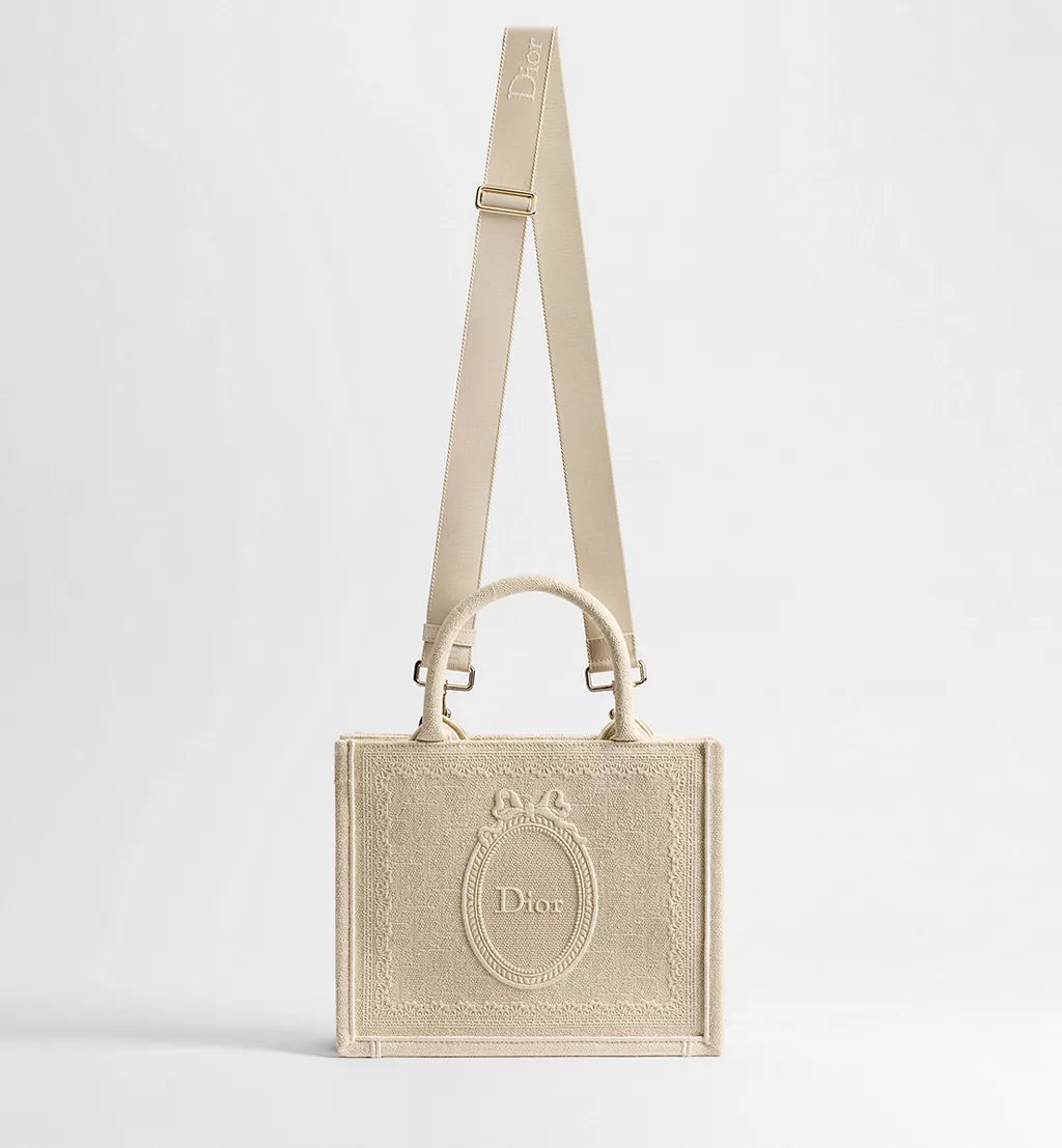 Small Dior Book Tote with Strap Beige Dior Oblique Washed Embroidery and Dior Médaillon