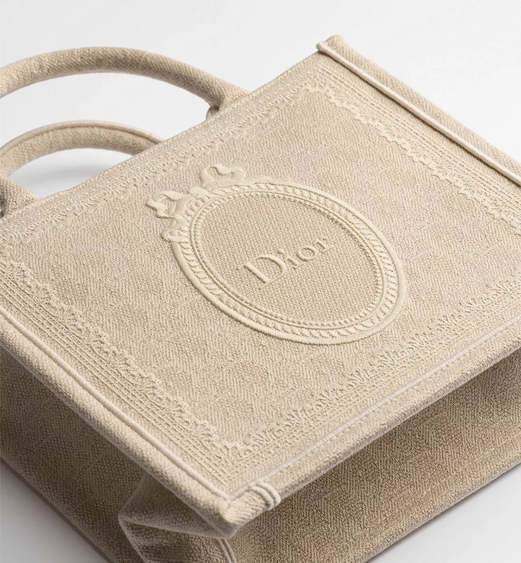 Small Dior Book Tote with Strap Beige Dior Oblique Washed Embroidery and Dior Médaillon