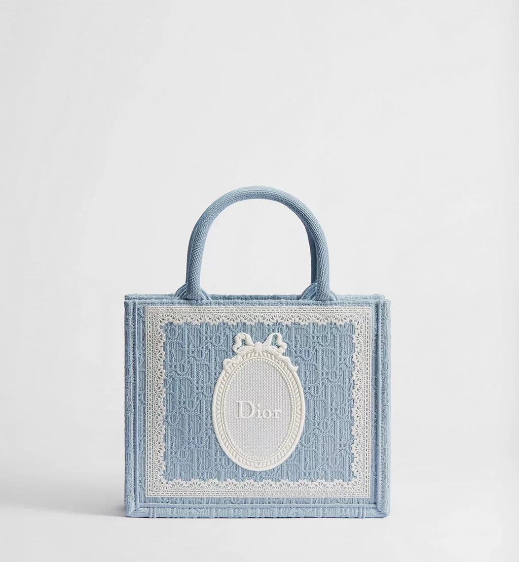 Small Dior Book Tote with Strap Celestial Blue Dior Oblique Embroidery with White Lace and Dior Médaillon