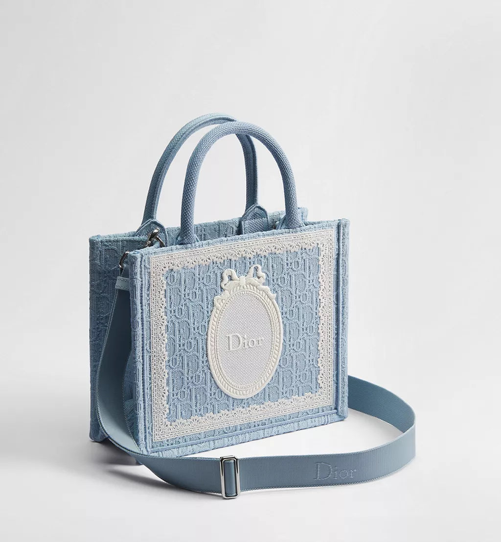 Small Dior Book Tote with Strap Celestial Blue Dior Oblique Embroidery with White Lace and Dior Médaillon