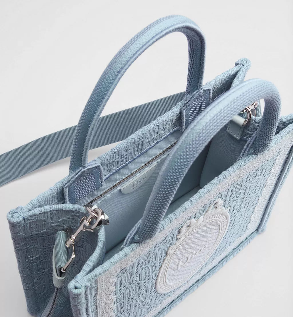 Small Dior Book Tote with Strap Celestial Blue Dior Oblique Embroidery with White Lace and Dior Médaillon