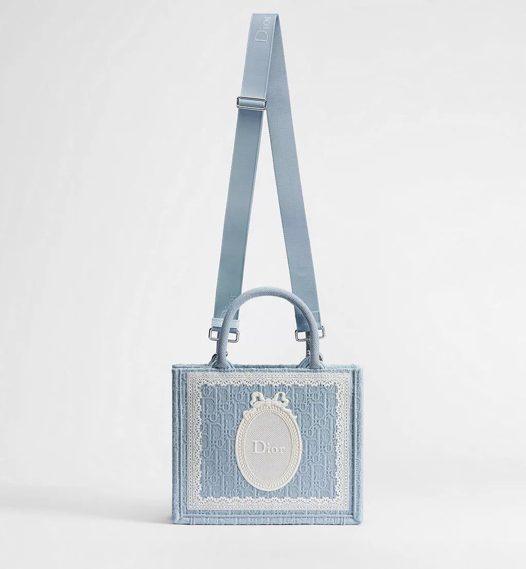 Small Dior Book Tote with Strap Celestial Blue Dior Oblique Embroidery with White Lace and Dior Médaillon