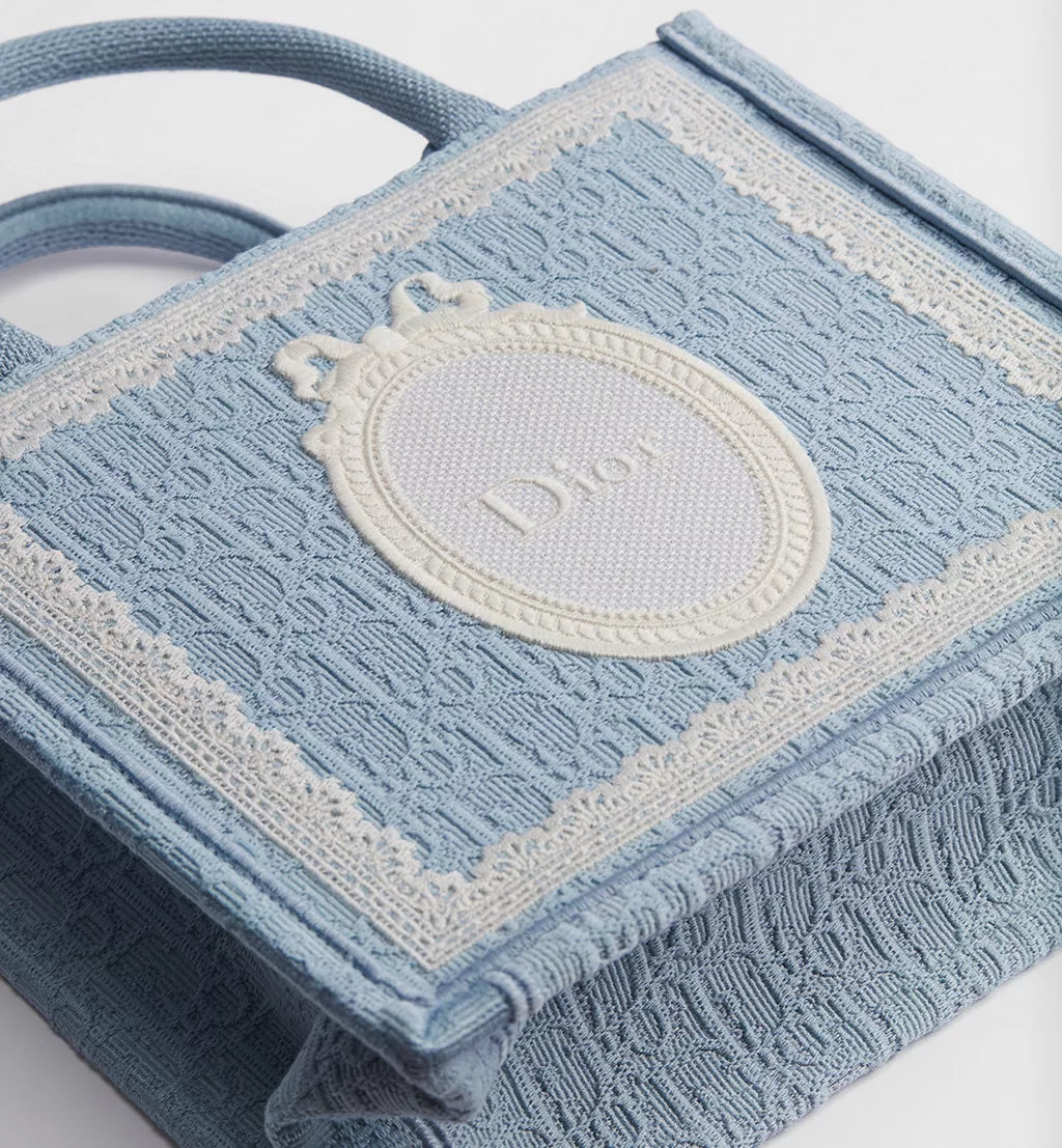 Small Dior Book Tote with Strap Celestial Blue Dior Oblique Embroidery with White Lace and Dior Médaillon