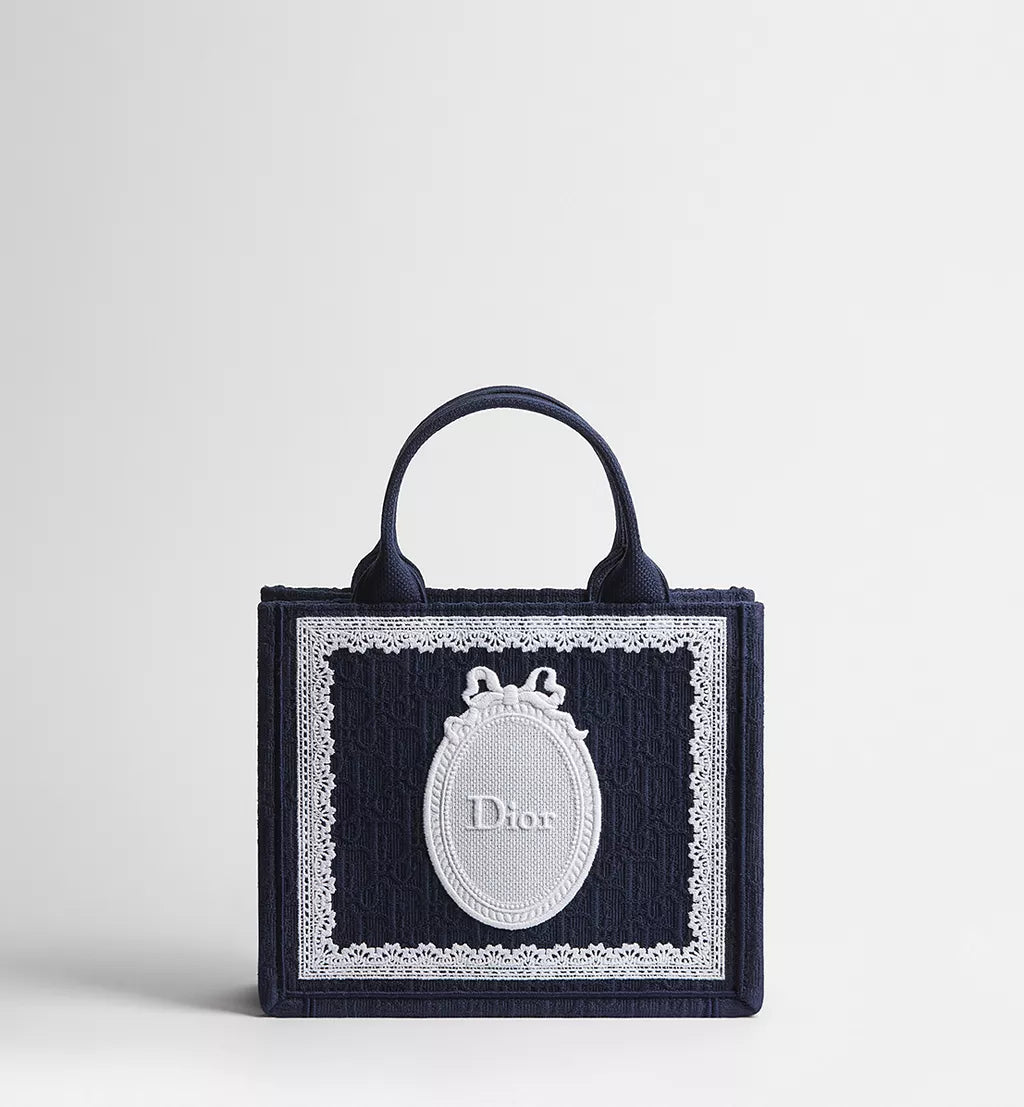 Small Dior Book Tote with Strap Blue Dior Oblique Embroidery with White Lace and Dior Médaillon