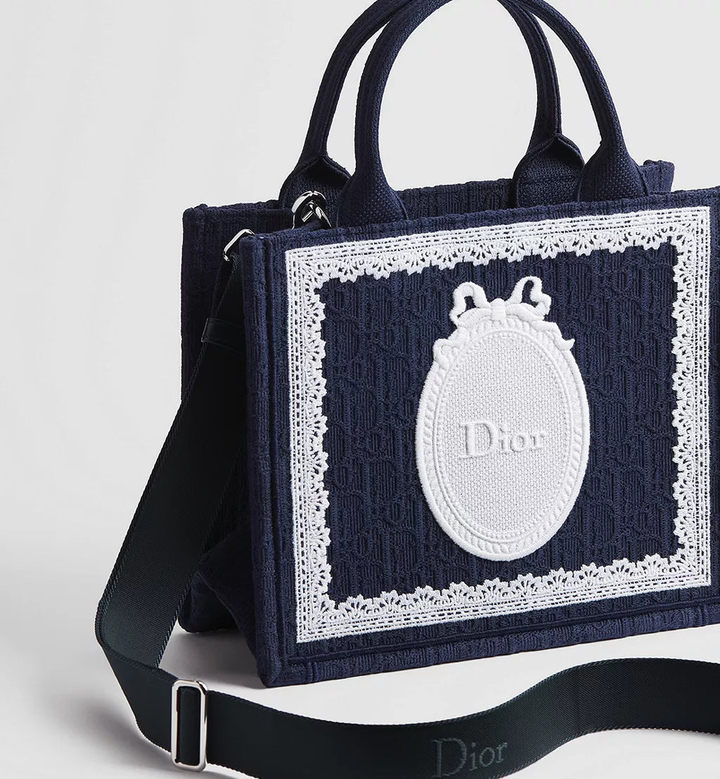 Small Dior Book Tote with Strap Blue Dior Oblique Embroidery with White Lace and Dior Médaillon