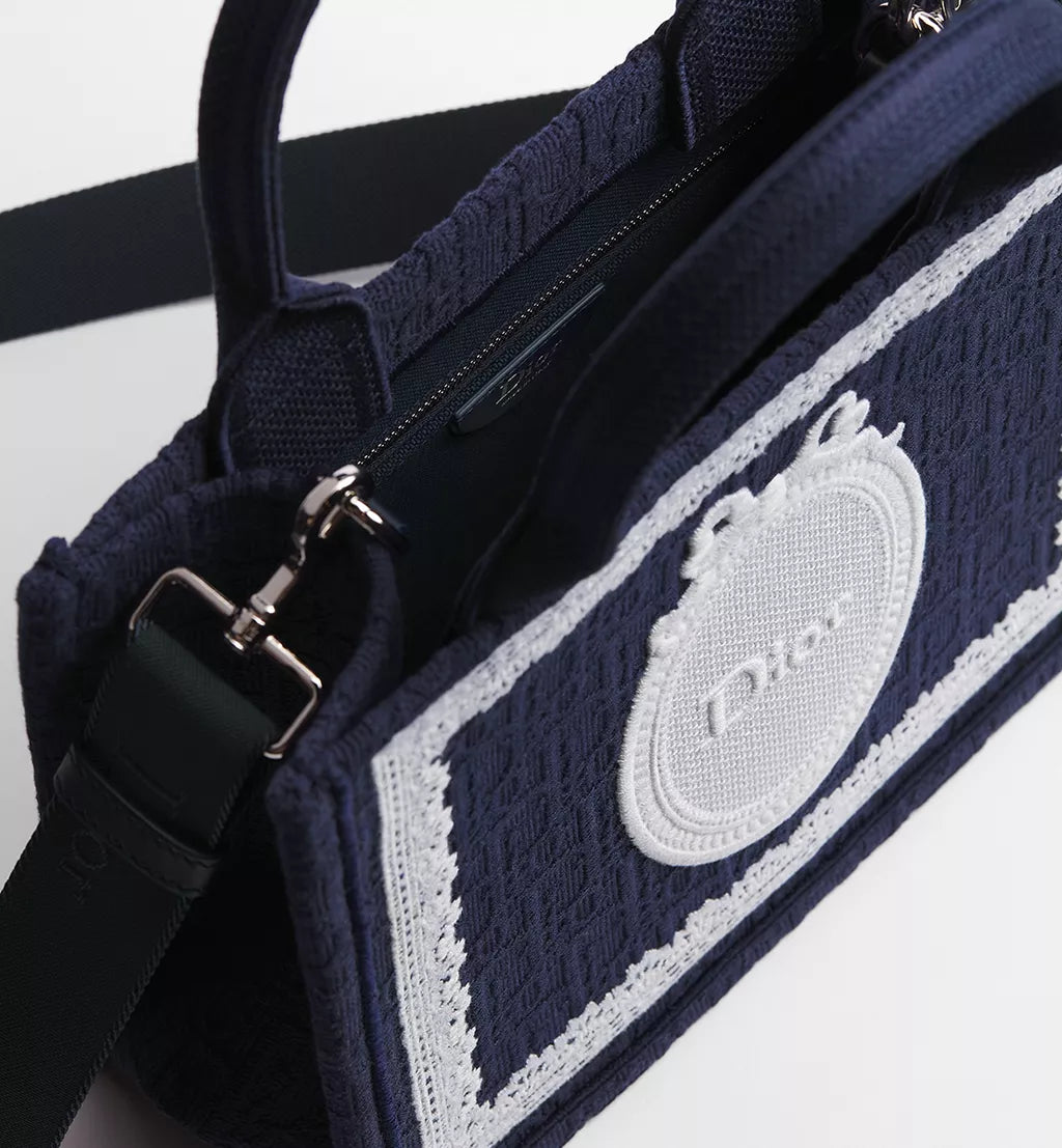 Small Dior Book Tote with Strap Blue Dior Oblique Embroidery with White Lace and Dior Médaillon