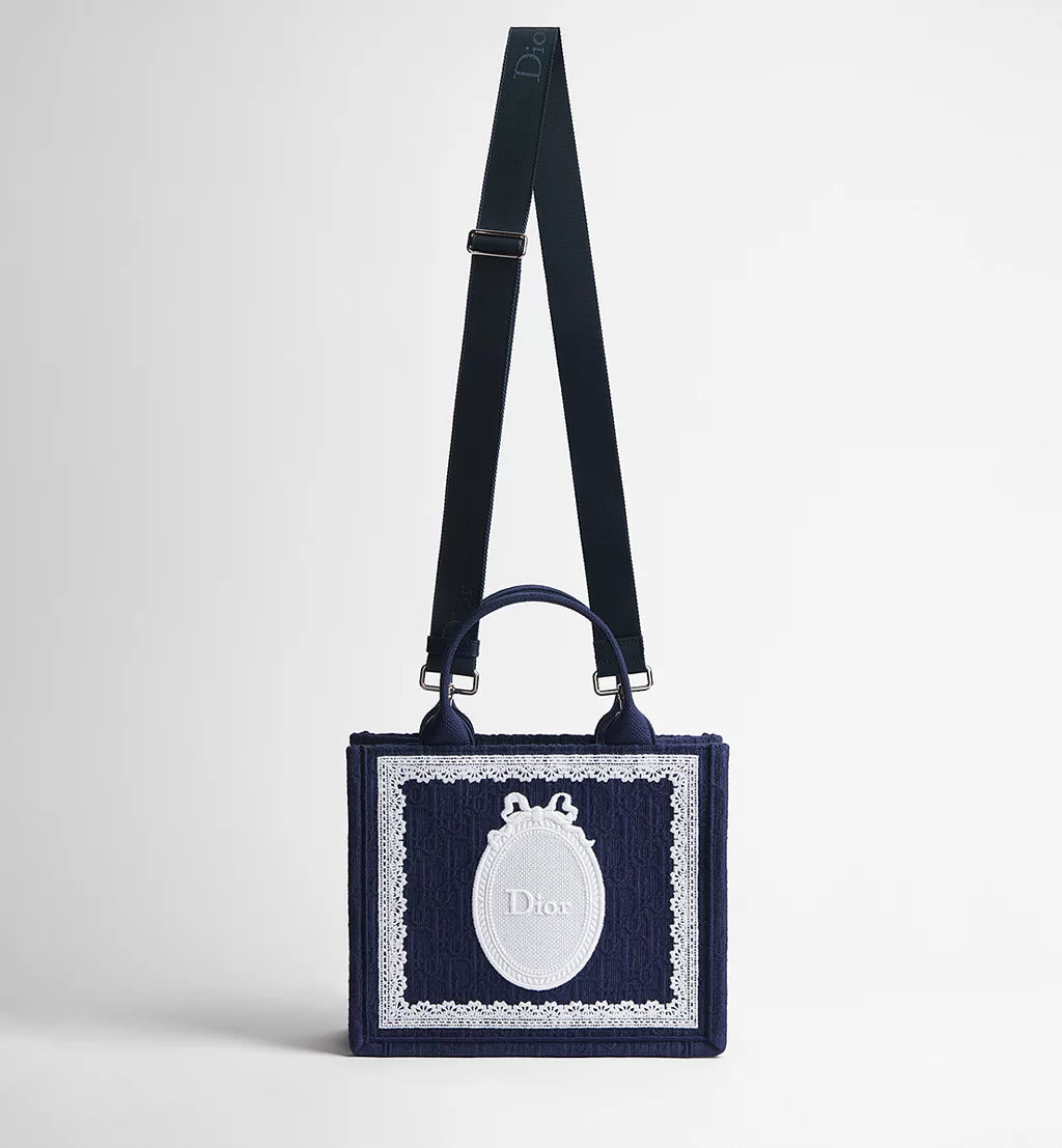 Small Dior Book Tote with Strap Blue Dior Oblique Embroidery with White Lace and Dior Médaillon