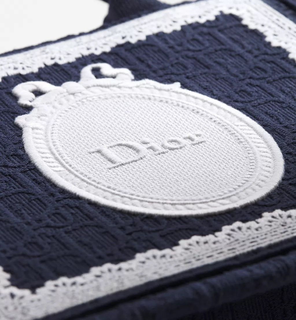 Small Dior Book Tote with Strap Blue Dior Oblique Embroidery with White Lace and Dior Médaillon