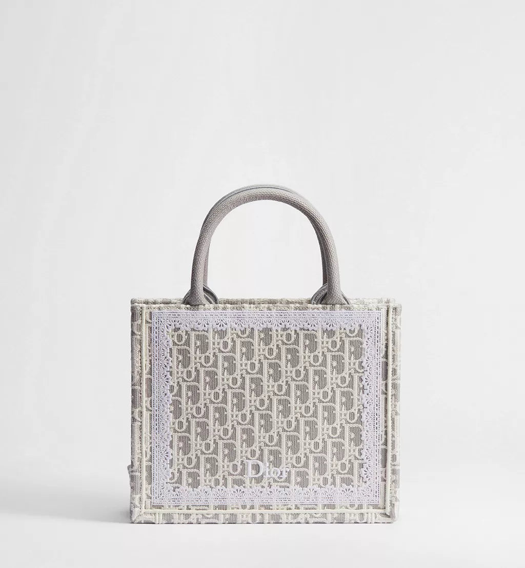 Small Dior Book Tote with Strap Latte and Gray Dior Oblique Embroidery and White Lace