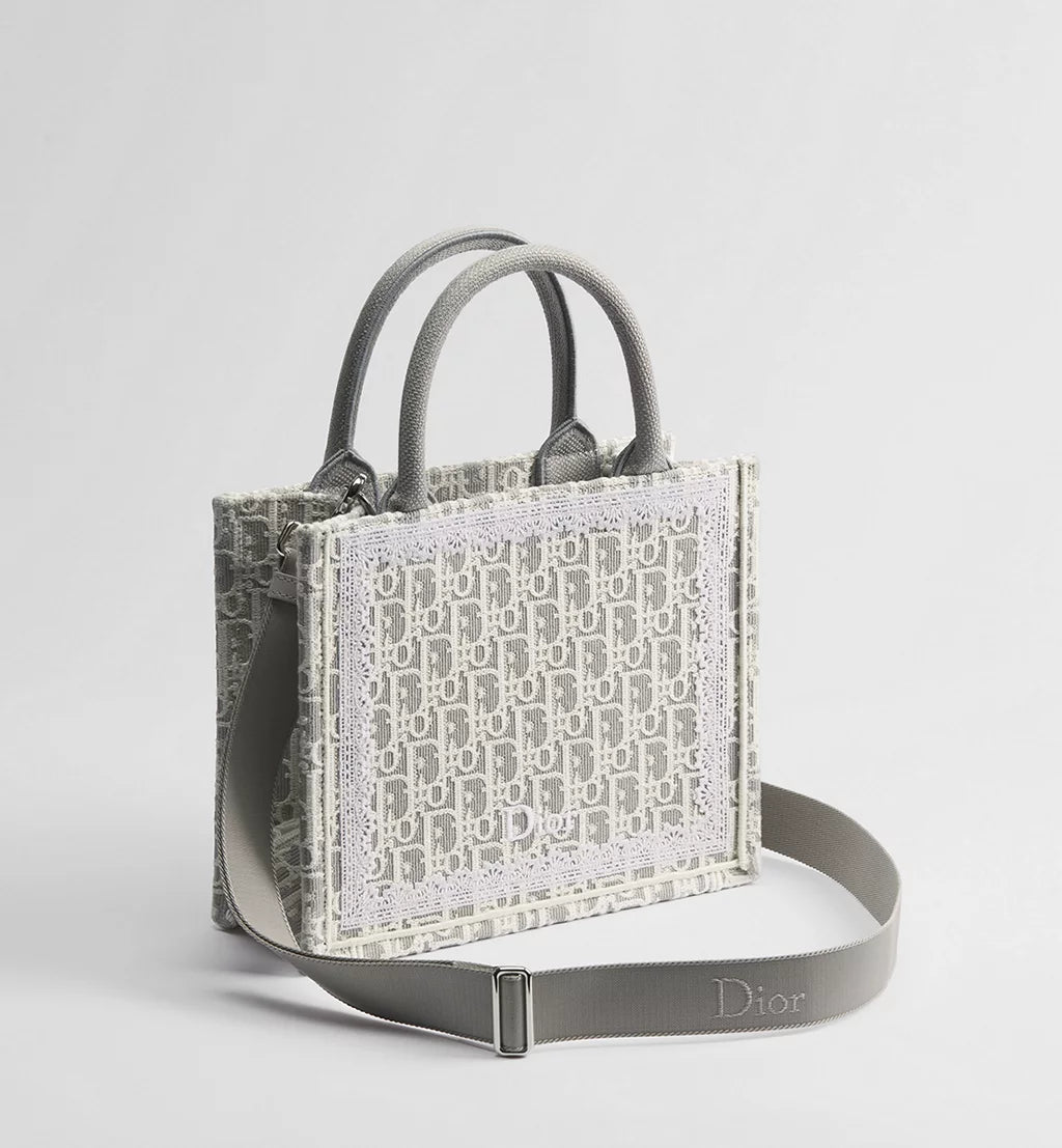 Small Dior Book Tote with Strap Latte and Gray Dior Oblique Embroidery and White Lace