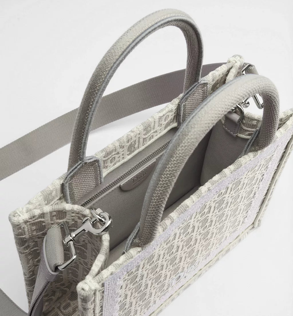 Small Dior Book Tote with Strap Latte and Gray Dior Oblique Embroidery and White Lace