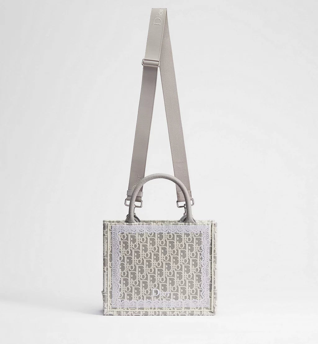 Small Dior Book Tote with Strap Latte and Gray Dior Oblique Embroidery and White Lace