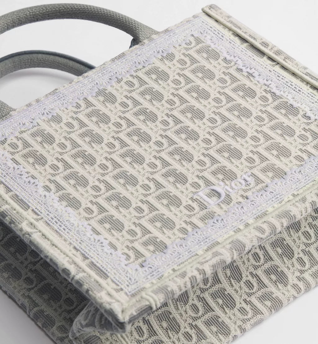 Small Dior Book Tote with Strap Latte and Gray Dior Oblique Embroidery and White Lace