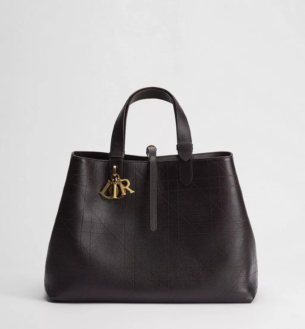 Large Dior Toujours Bag Chocolate Brown Flat Macrocannage Shiny Grained Calfskin