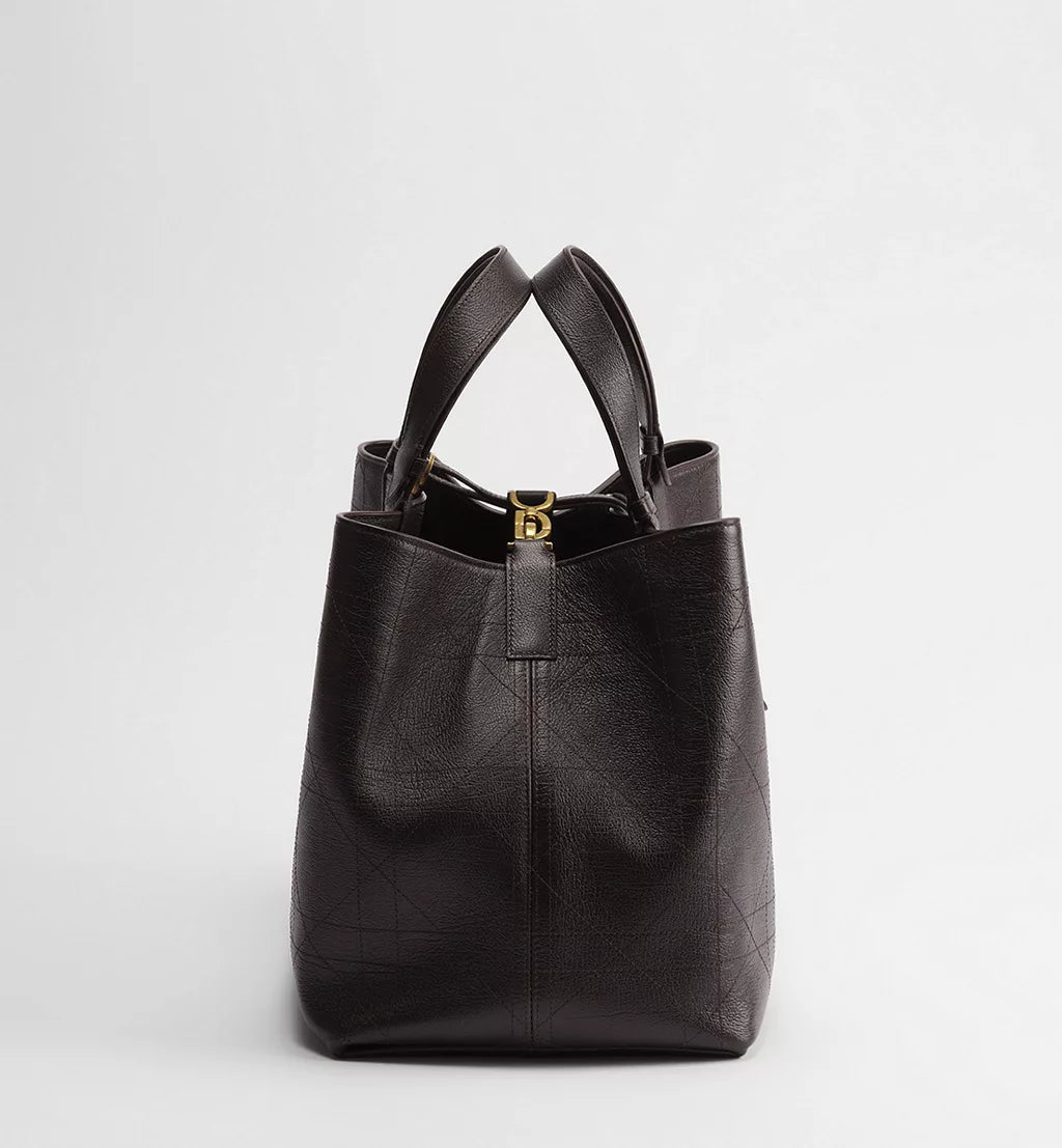 Large Dior Toujours Bag Chocolate Brown Flat Macrocannage Shiny Grained Calfskin
