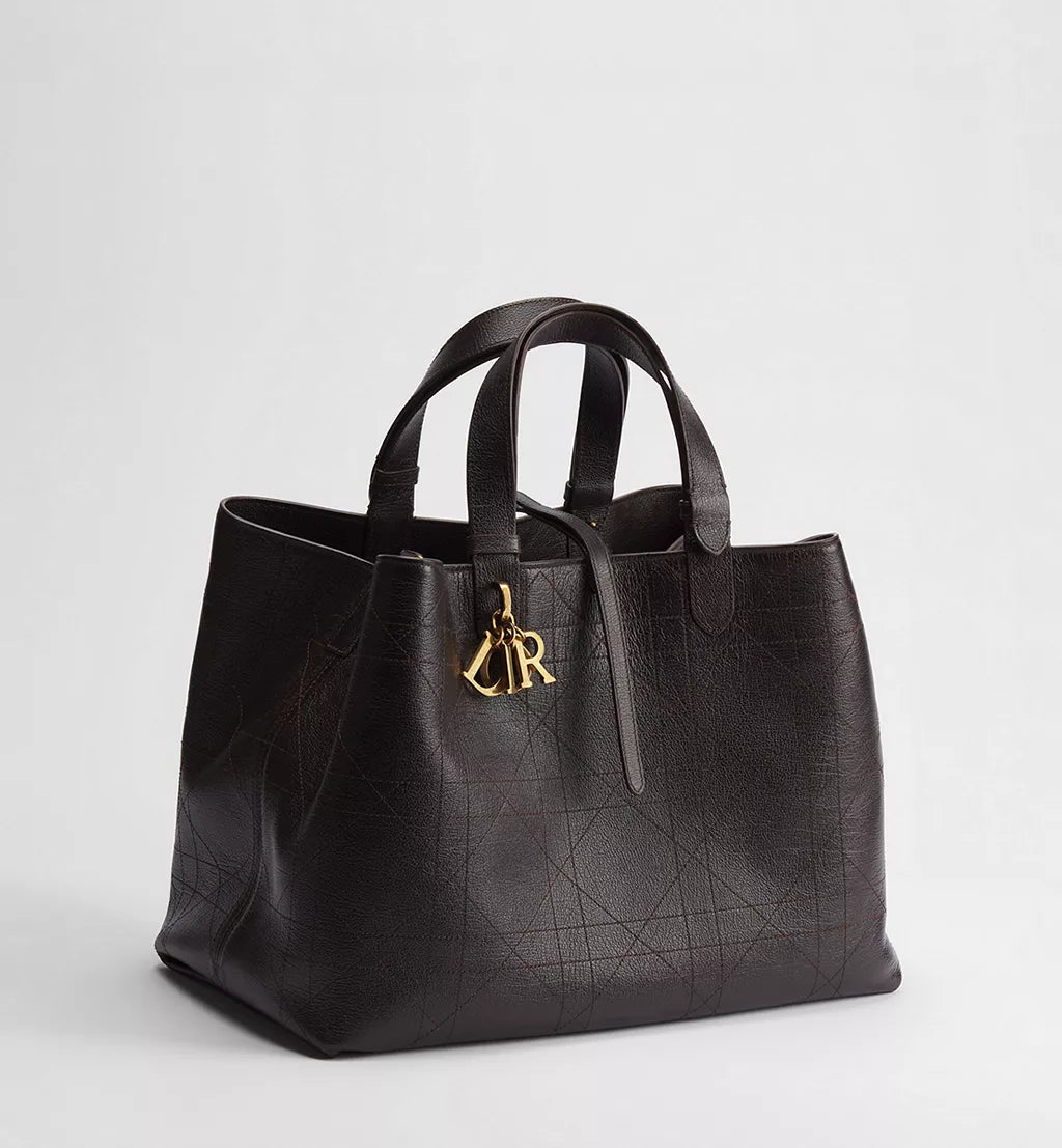 Large Dior Toujours Bag Chocolate Brown Flat Macrocannage Shiny Grained Calfskin