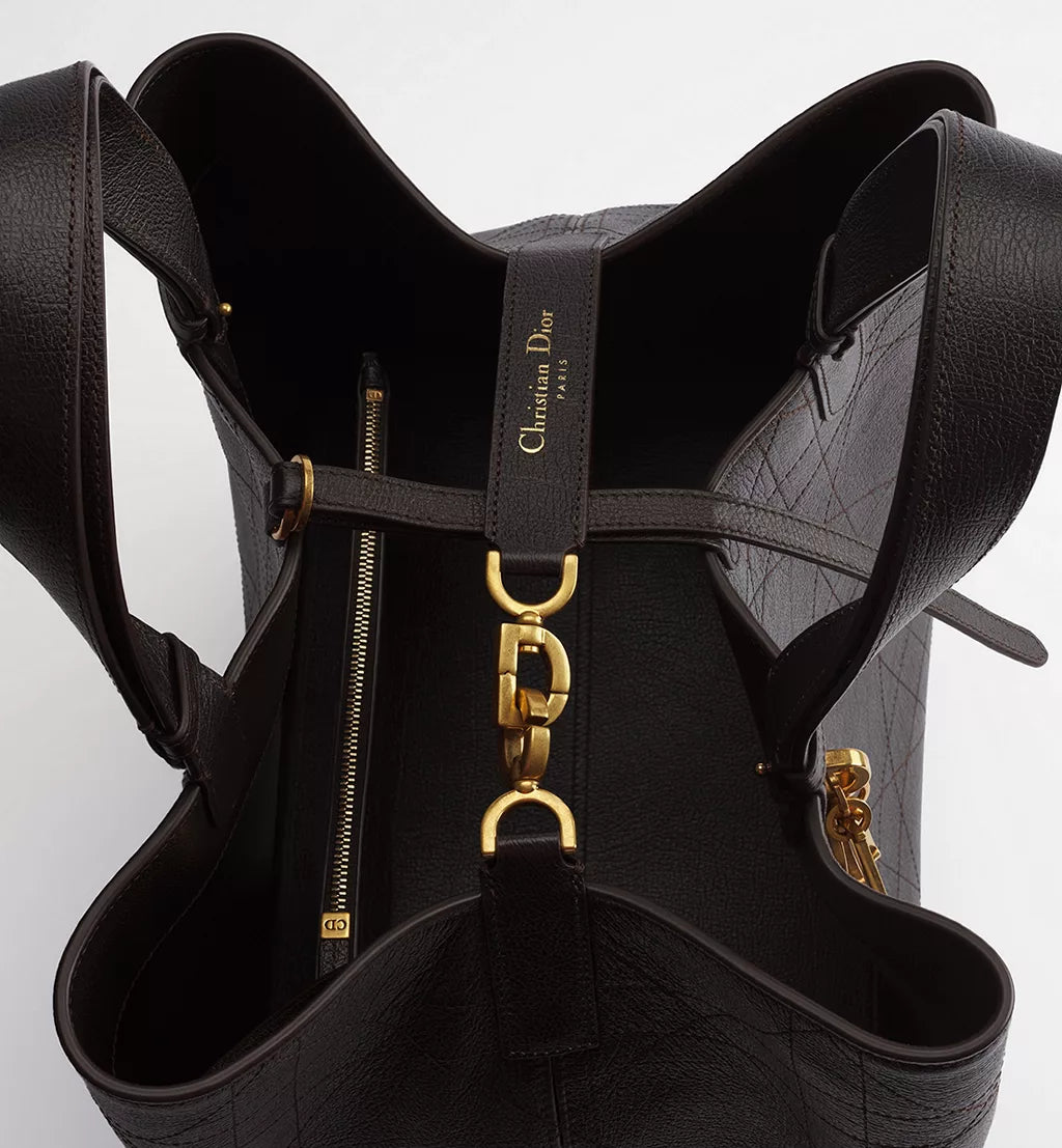 Large Dior Toujours Bag Chocolate Brown Flat Macrocannage Shiny Grained Calfskin