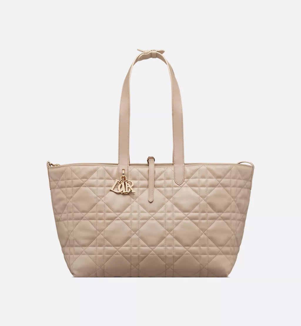 Large Dior Toujours Bag Desert Taupe Macrocannage Calfskin