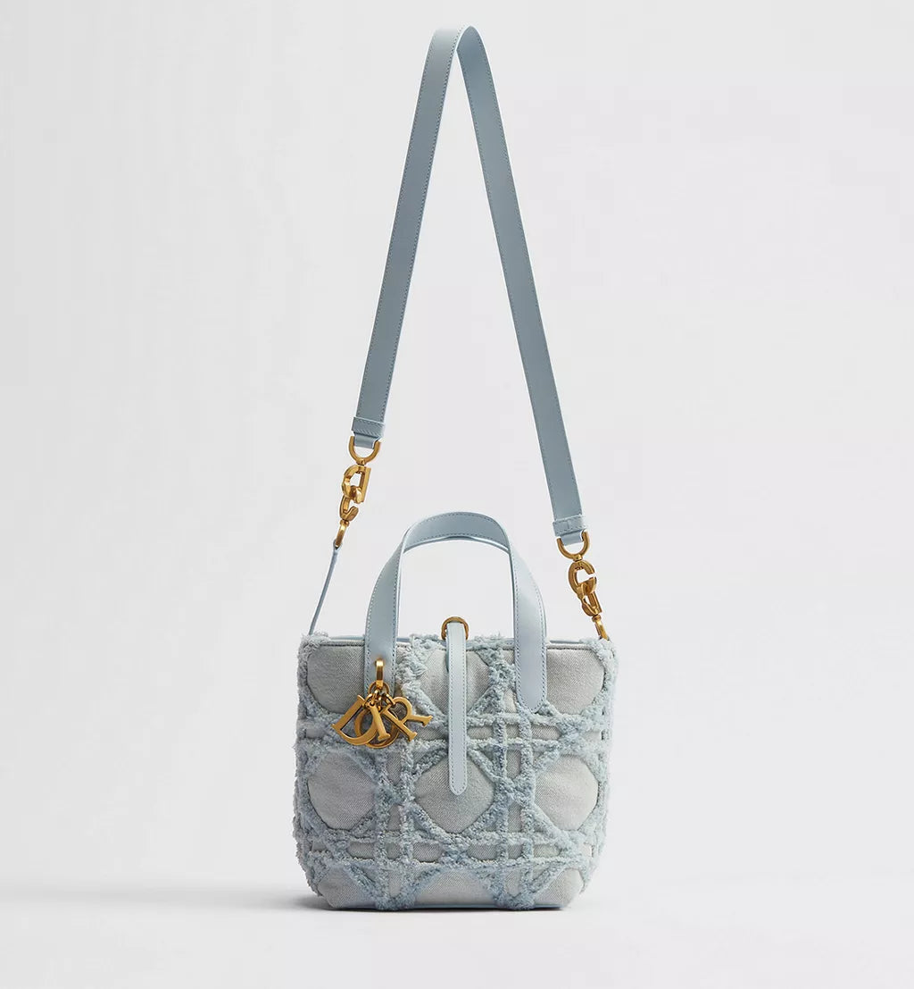 Small Dior Toujours Vertical Tote Bag Blue Cannage Denim