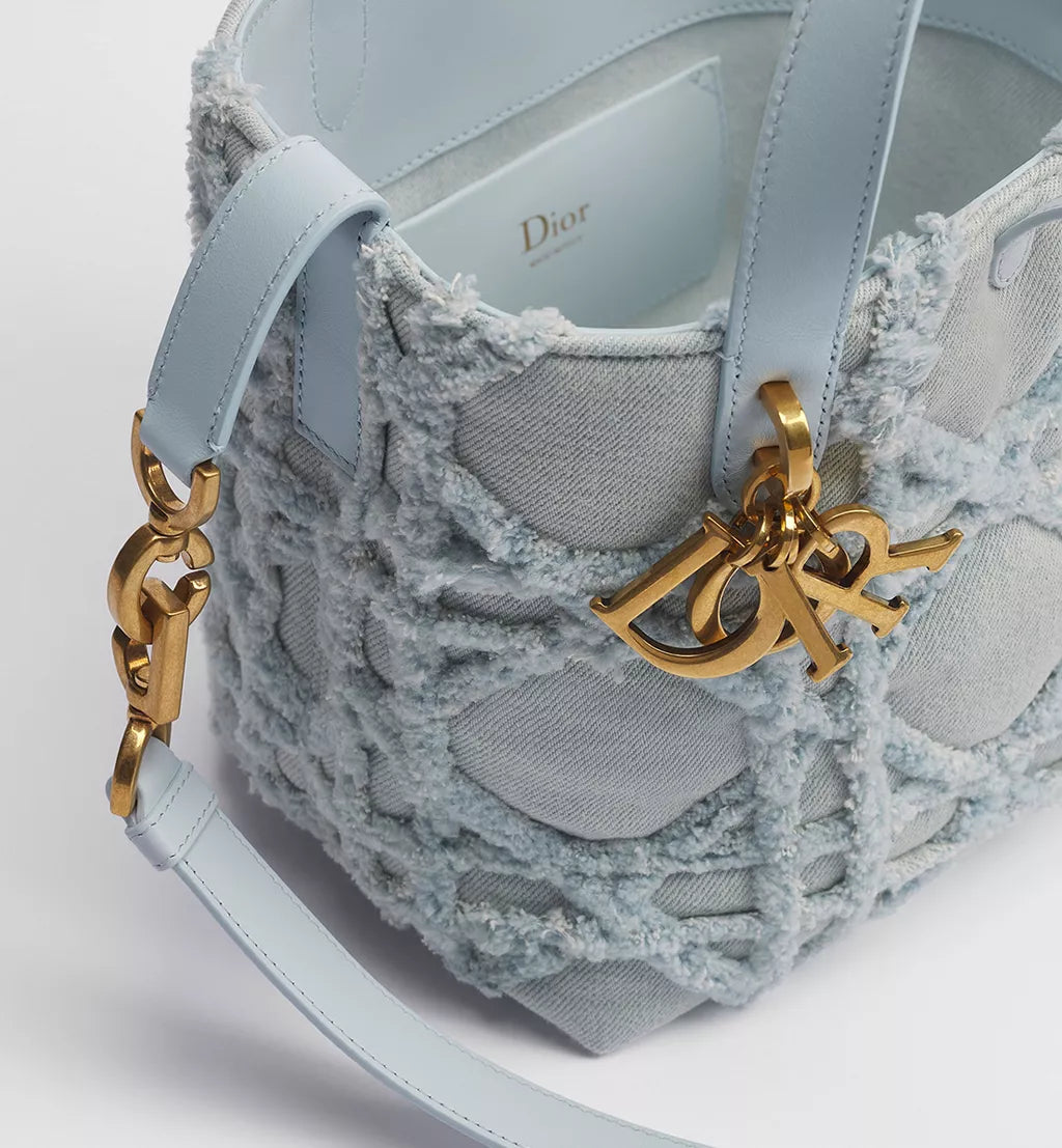 Small Dior Toujours Vertical Tote Bag Blue Cannage Denim