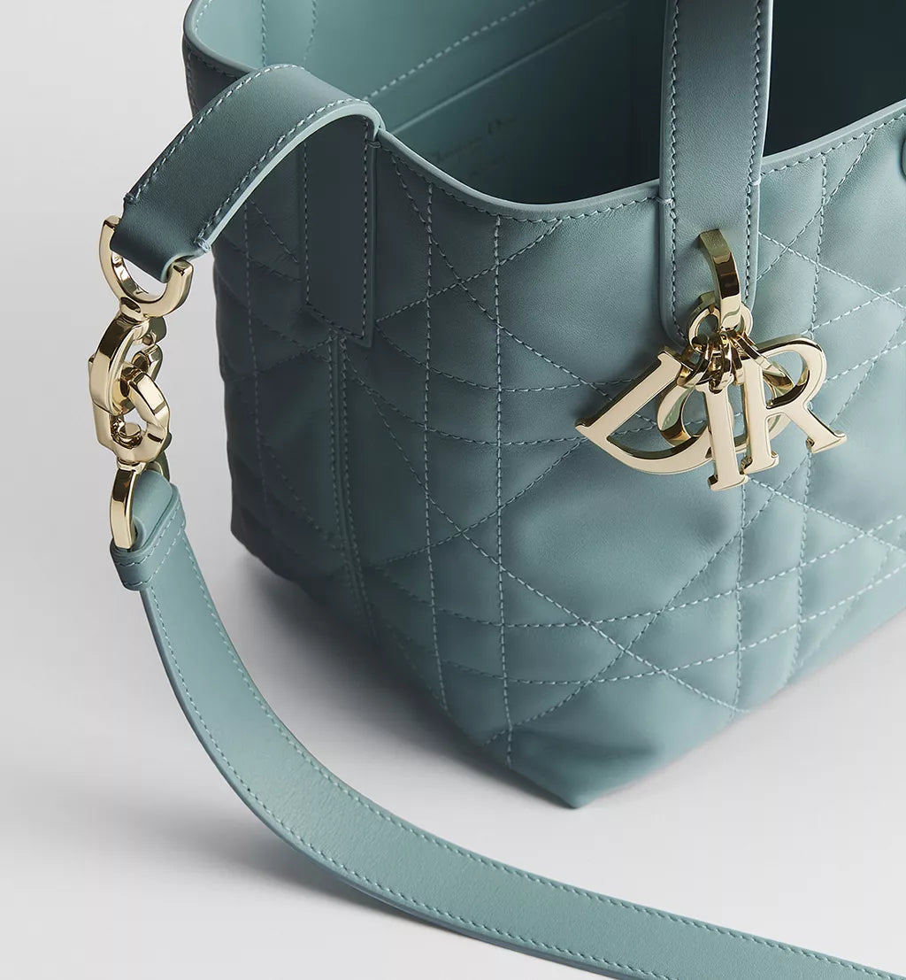 Small Dior Toujours Vertical Tote Bag Bleu Tourmaline Macrocannage Calfskin
