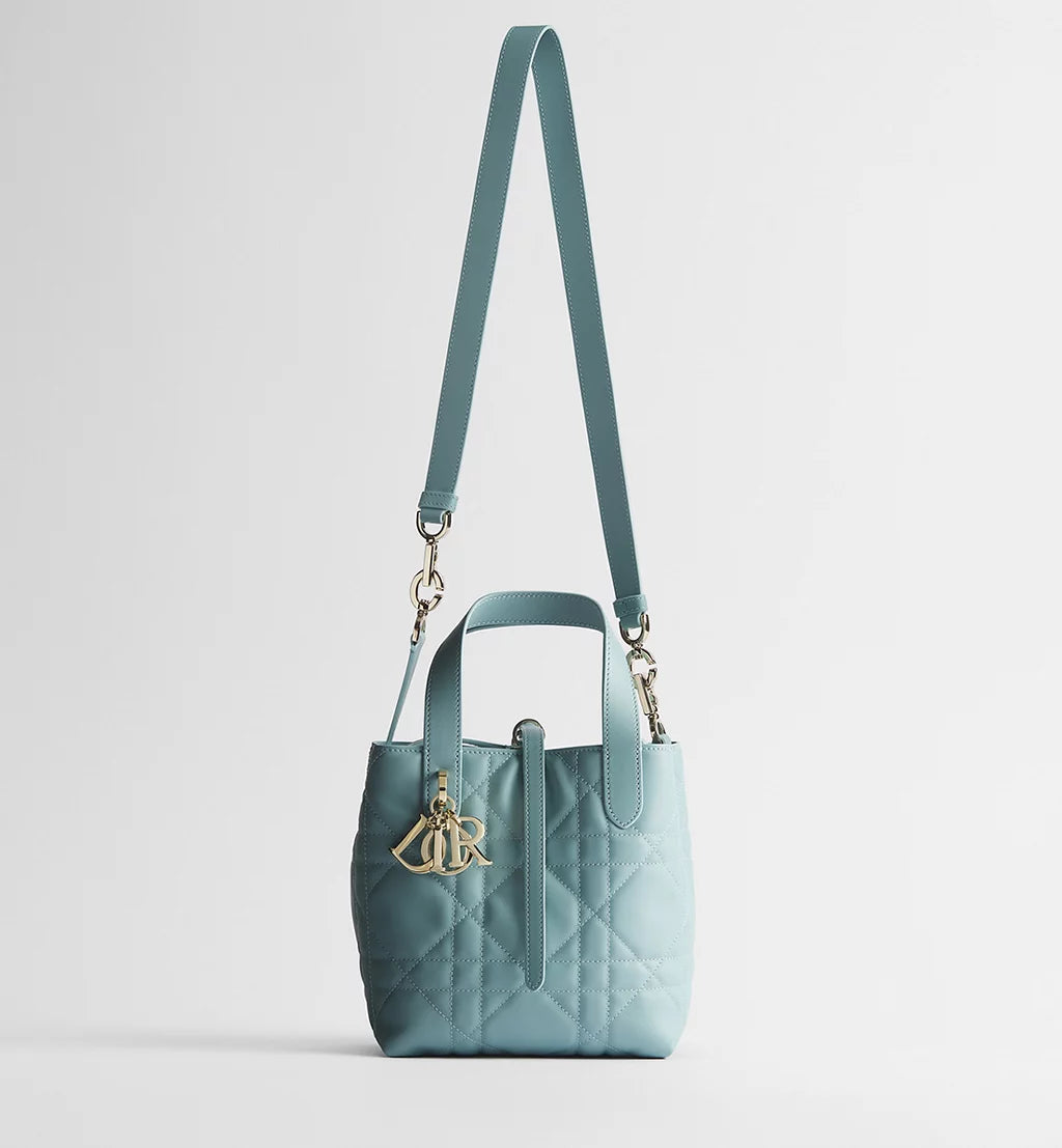 Small Dior Toujours Vertical Tote Bag Bleu Tourmaline Macrocannage Calfskin