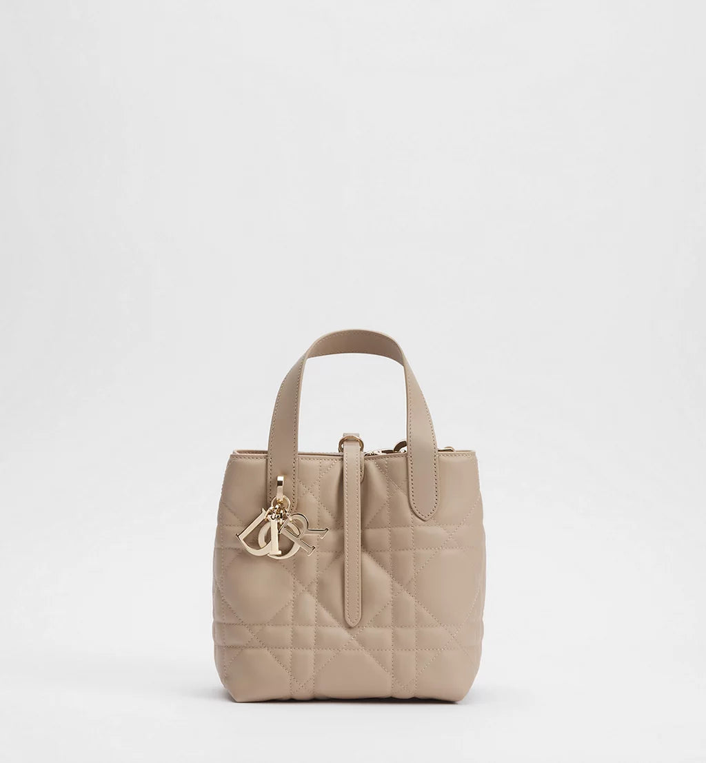 Small Dior Toujours Vertical Tote Bag Powder Beige Macrocannage Calfskin