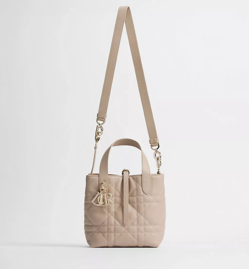 Small Dior Toujours Vertical Tote Bag Powder Beige Macrocannage Calfskin