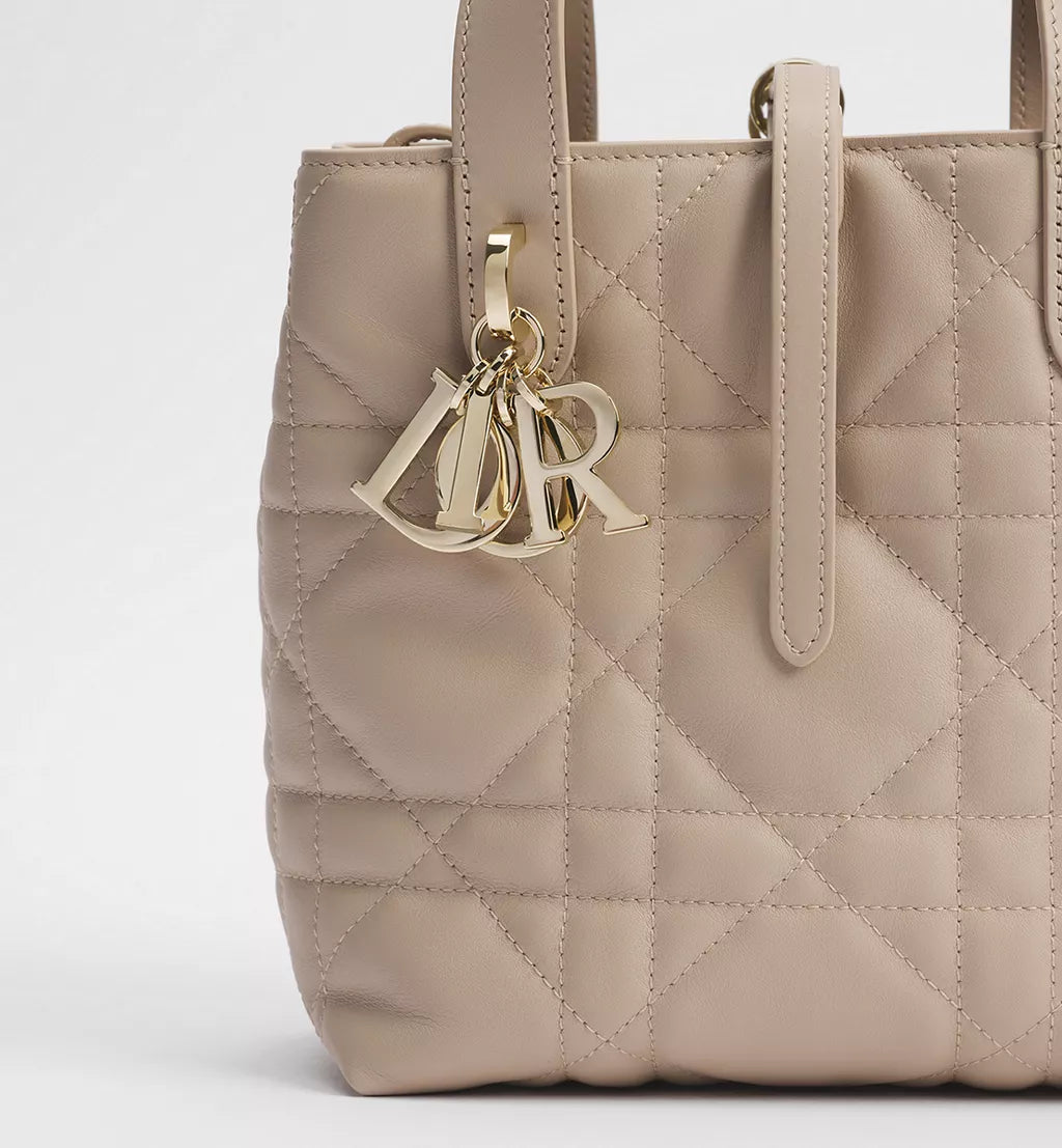 Small Dior Toujours Vertical Tote Bag Powder Beige Macrocannage Calfskin
