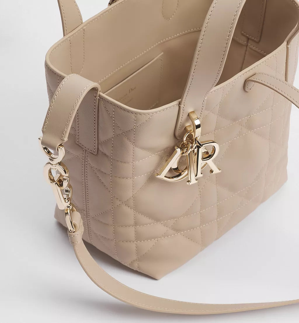 Small Dior Toujours Vertical Tote Bag Powder Beige Macrocannage Calfskin