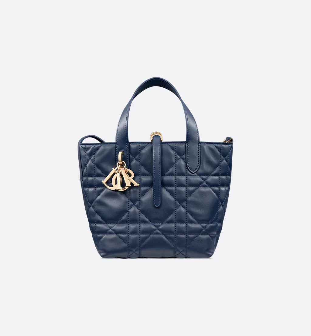 Small Dior Toujours Vertical Tote Bag Deep Ocean Blue Macrocannage Calfskin