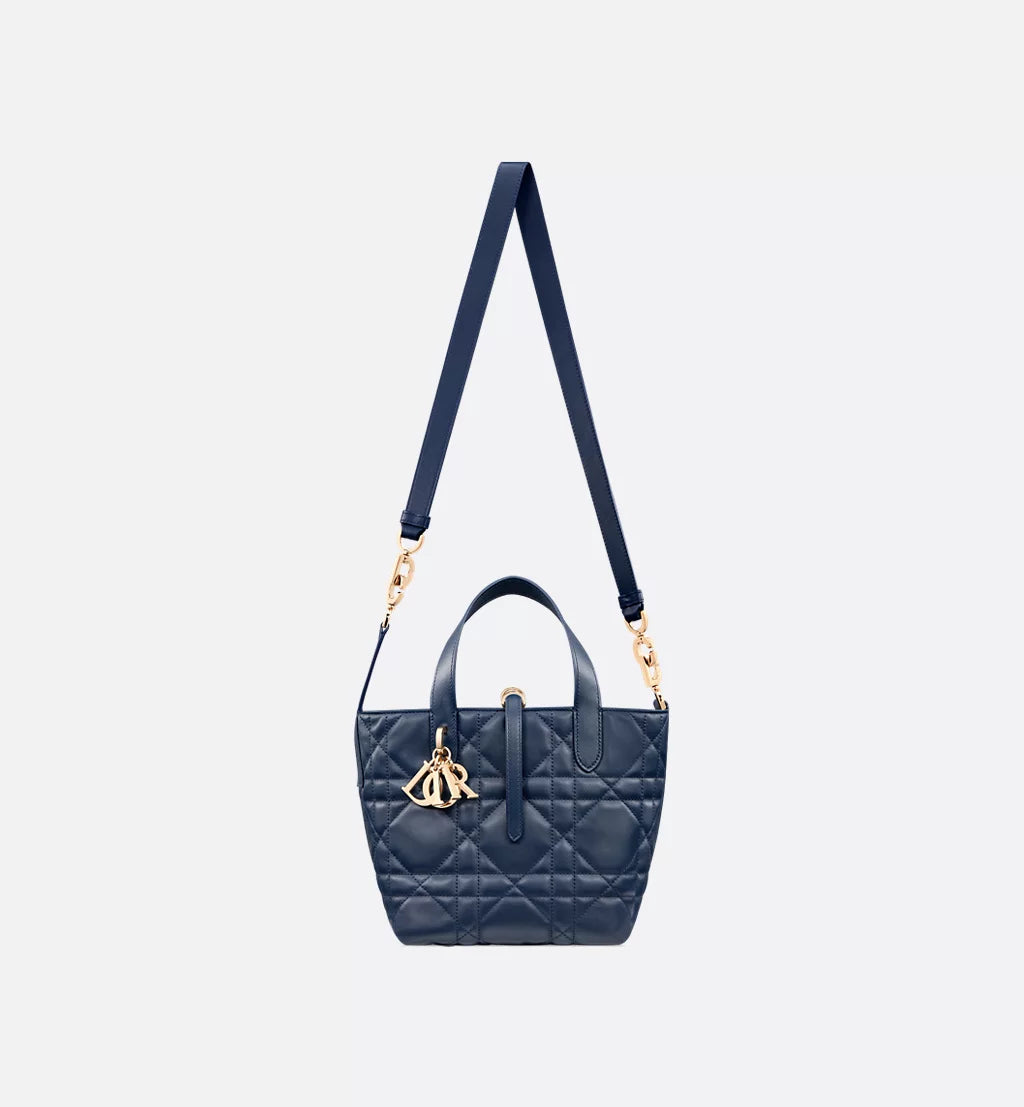 Small Dior Toujours Vertical Tote Bag Deep Ocean Blue Macrocannage Calfskin
