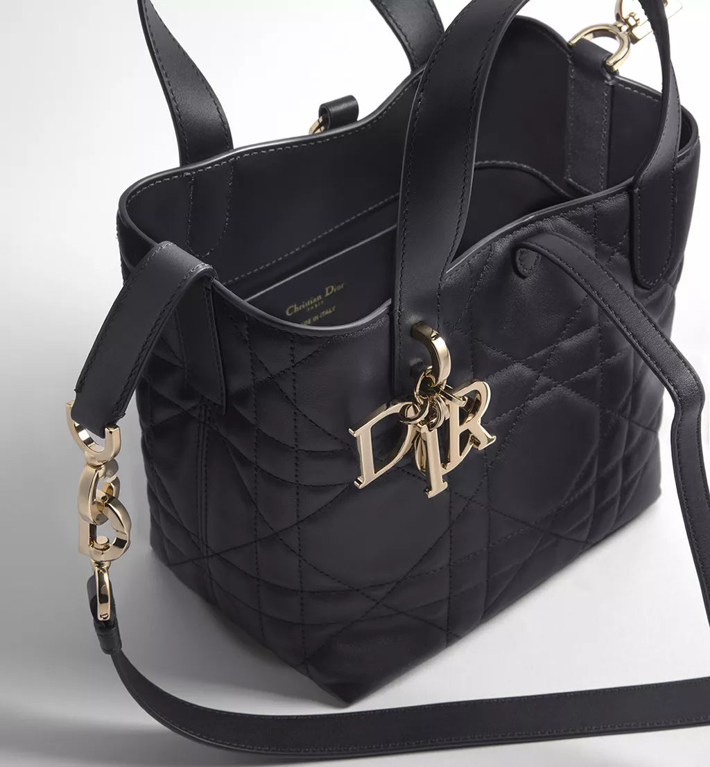 Small Dior Toujours Vertical Tote Bag Black Macrocannage Calfskin
