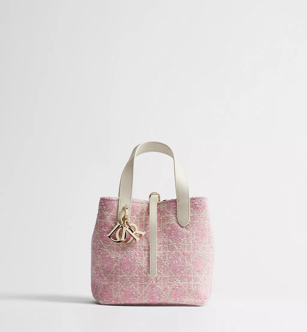 Small Dior Toujours Vertical Tote Bag Pink Tweed with White Cannage Motif