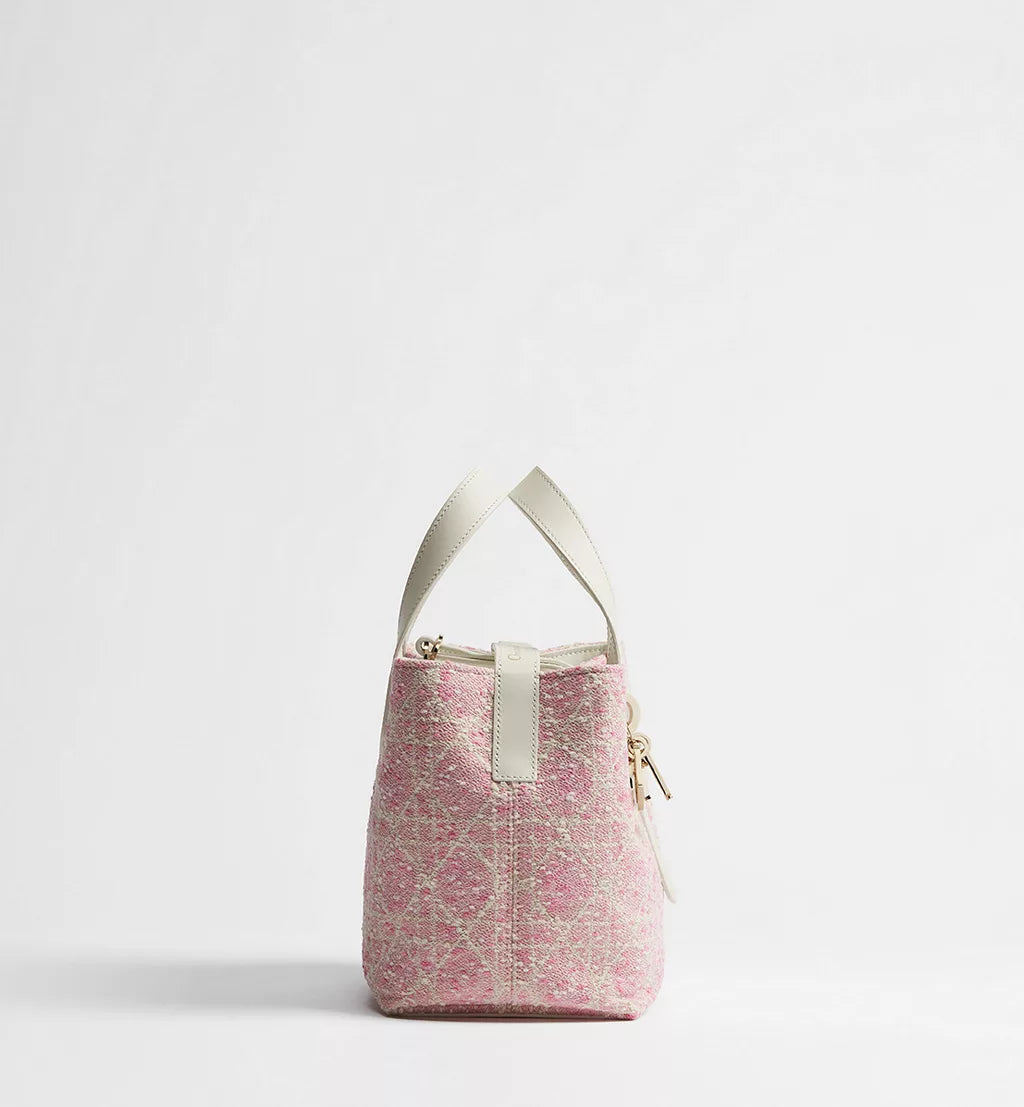 Small Dior Toujours Vertical Tote Bag Pink Tweed with White Cannage Motif