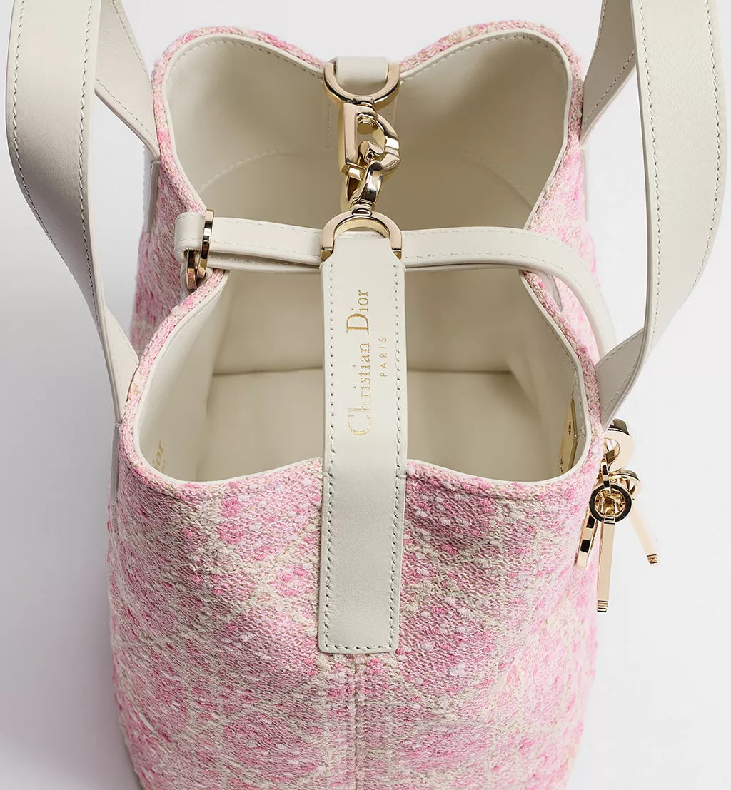Small Dior Toujours Vertical Tote Bag Pink Tweed with White Cannage Motif