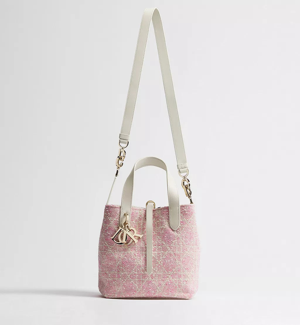 Small Dior Toujours Vertical Tote Bag Pink Tweed with White Cannage Motif