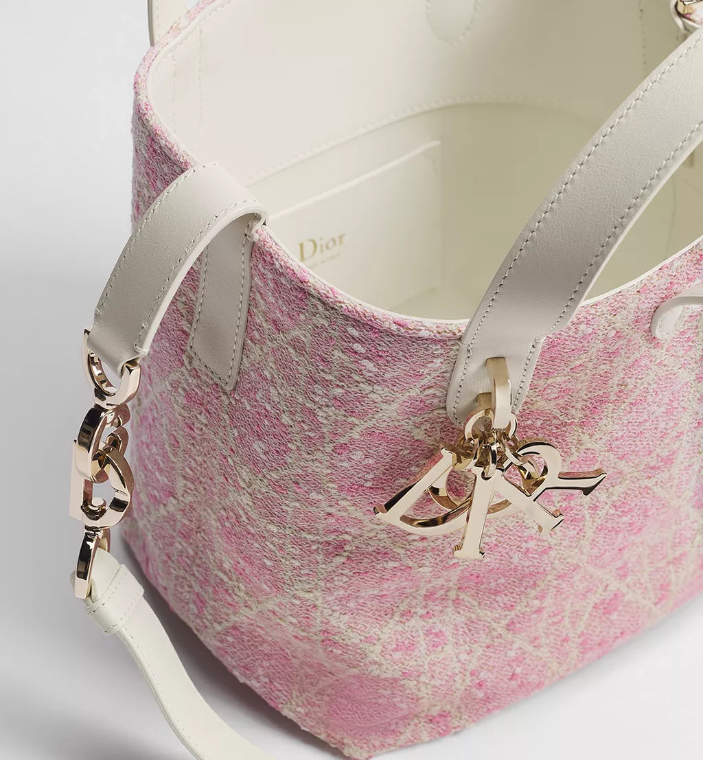 Small Dior Toujours Vertical Tote Bag Pink Tweed with White Cannage Motif