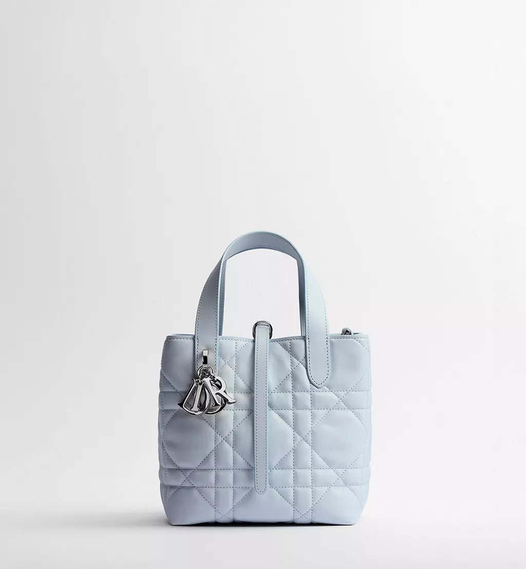 Small Dior Toujours Vertical Tote Bag Ice Blue Macrocannage Calfskin