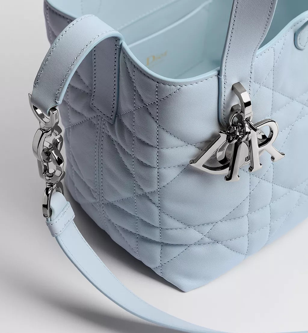 Small Dior Toujours Vertical Tote Bag Ice Blue Macrocannage Calfskin