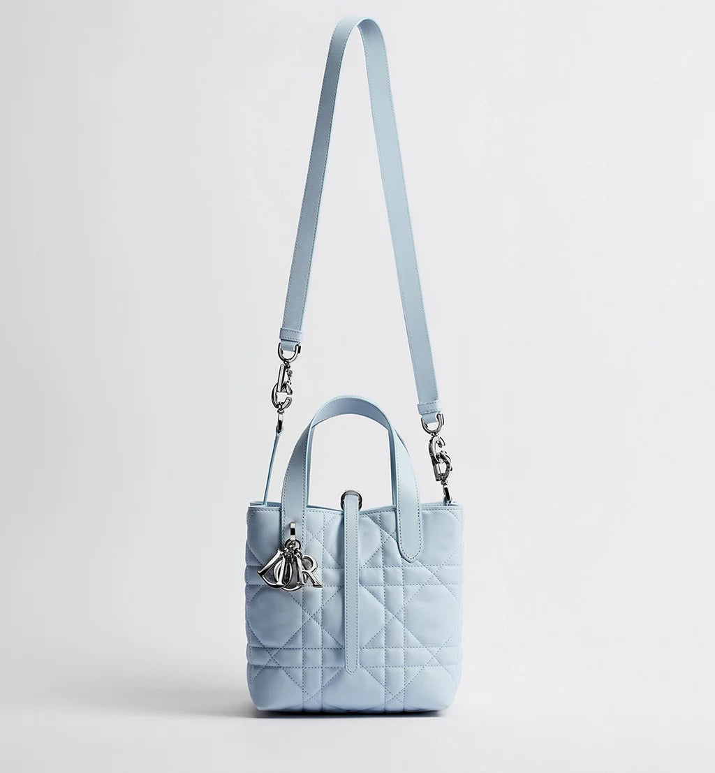 Small Dior Toujours Vertical Tote Bag Ice Blue Macrocannage Calfskin