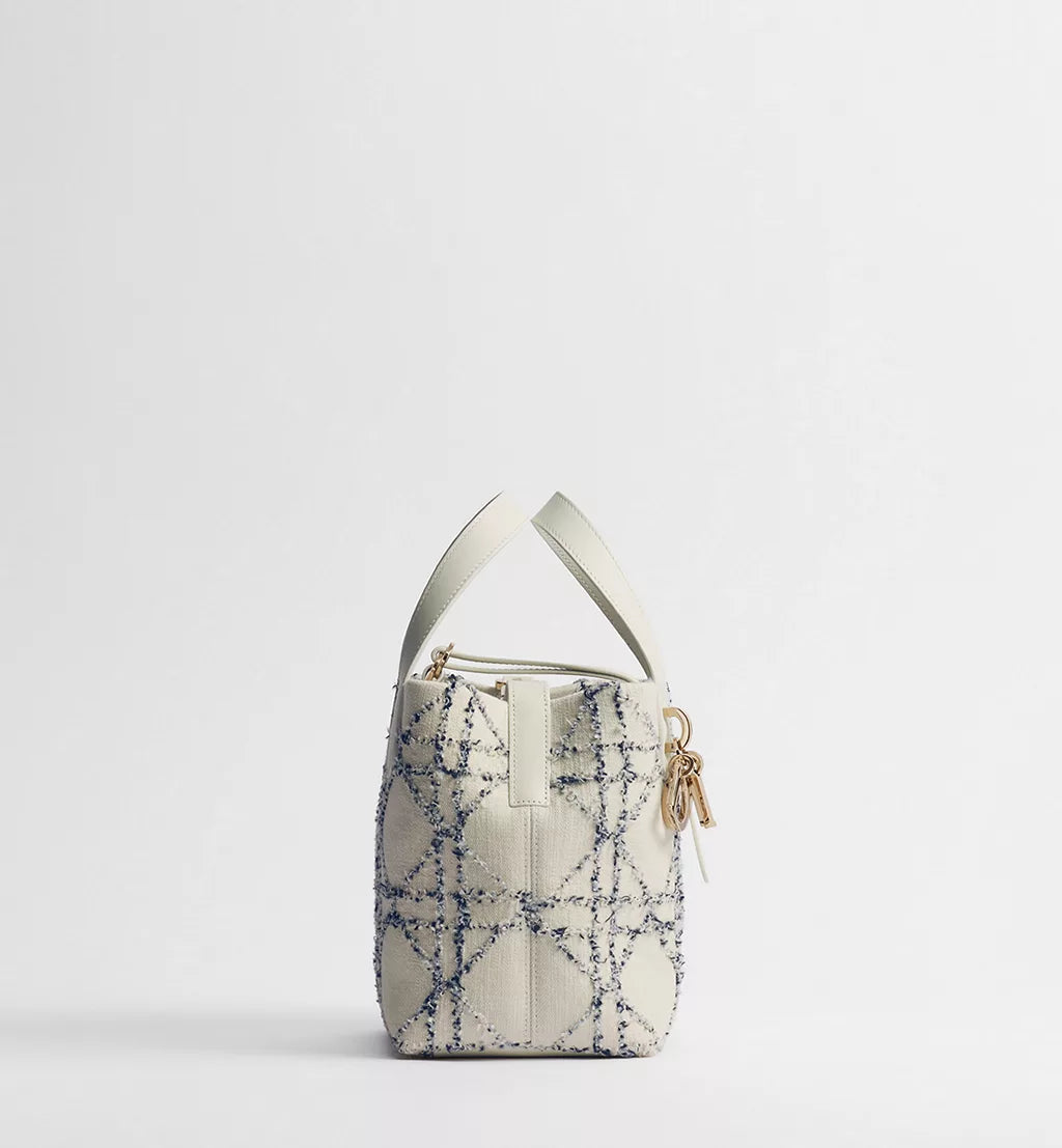 Small Dior Toujours Vertical Tote Bag Beige and Blue Macrocannage Cotton Bouclé