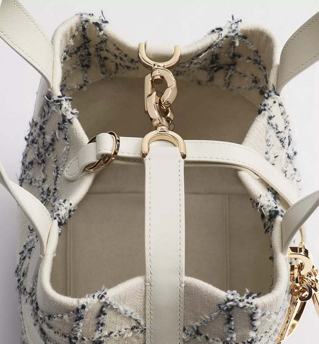 Small Dior Toujours Vertical Tote Bag Beige and Blue Macrocannage Cotton Bouclé