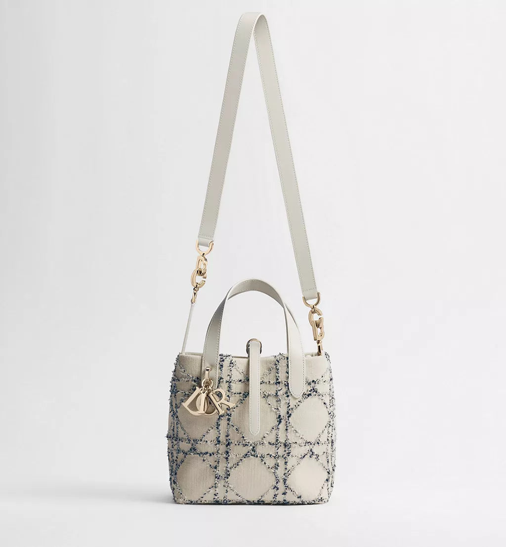 Small Dior Toujours Vertical Tote Bag Beige and Blue Macrocannage Cotton Bouclé